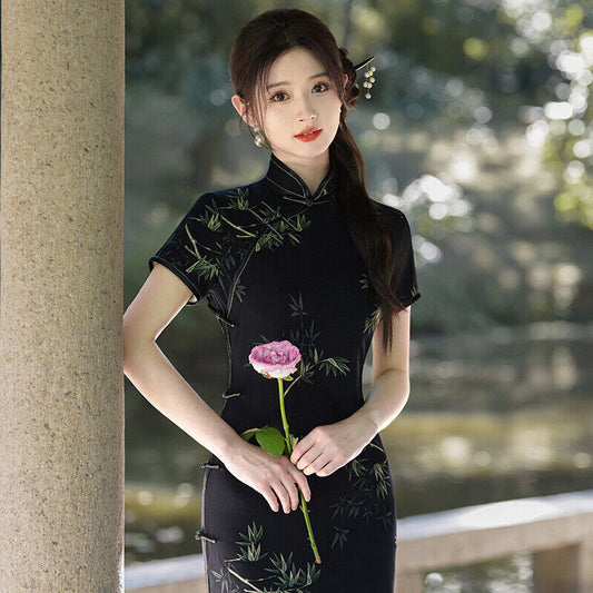 Elegant Traditional Chinese Cheongsam Mandarin Collar Bamboo Black Qipao Dress