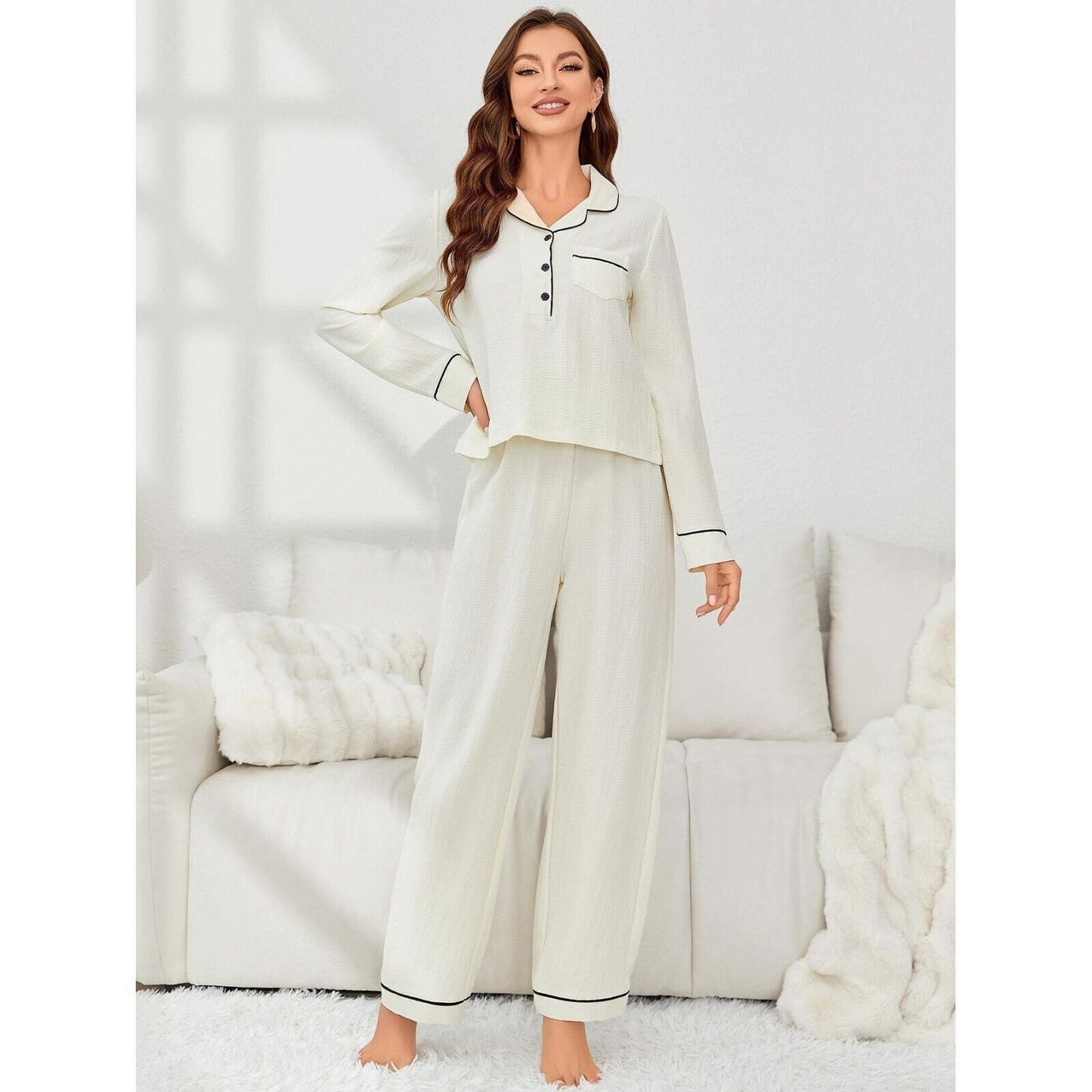 New Luxurious White Cotton Pyjama Set for Women - Comfy & Chic Sleepwear