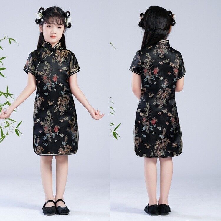 Childrens Girls Chinese Asian Black & Gold Dragons Satin Qipao Cheongsam Dress