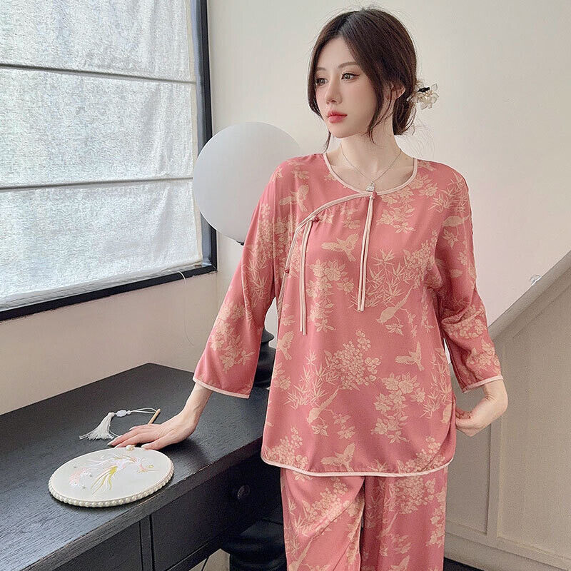 New Elegant Peach Pink Satin Pyjamas Set with Traditional Chinese Floral Pattern