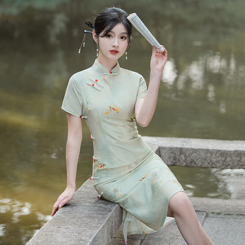 New Luxurious Satin Chinese Willow Green Floral Prints Dress Cheongsam Qipao