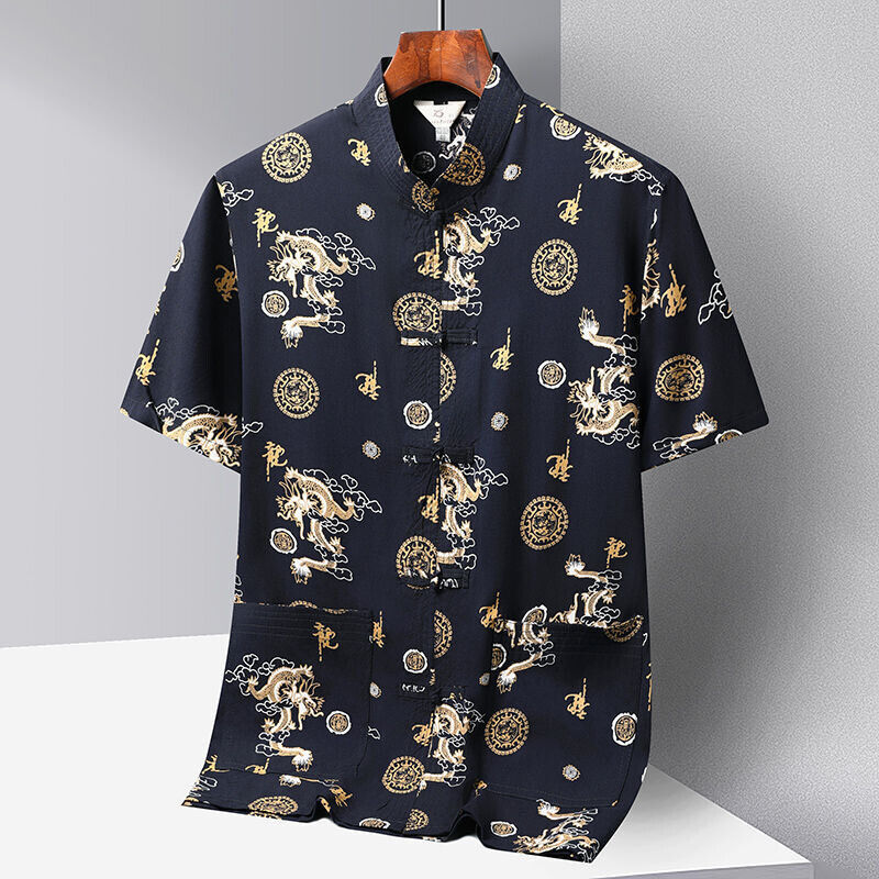 Luxurious Chinese Dragon Pattern Men's Shirt & Trousers Set Elasticated Waist