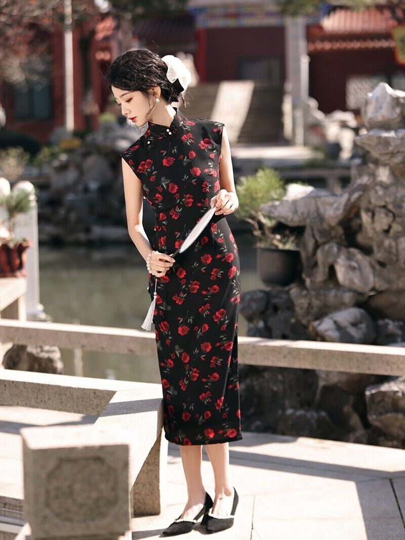 Eternal Blossom: Elegant Black Chinese Qipao Cheongsam Dress in Floral Chiffon