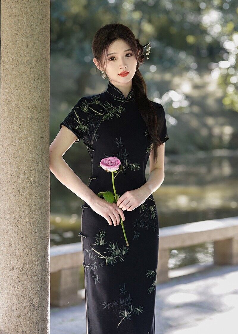 Elegant Traditional Chinese Cheongsam Mandarin Collar Bamboo Black Qipao Dress