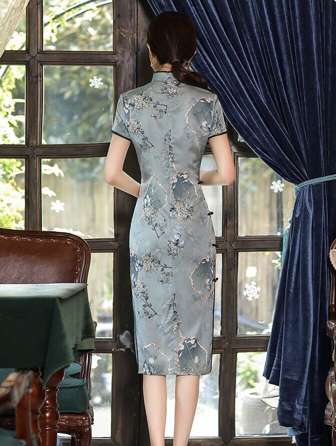 New Chinese Light Blue Blossom Floral Prints Satin Short Cheongsam Qipao Dress.