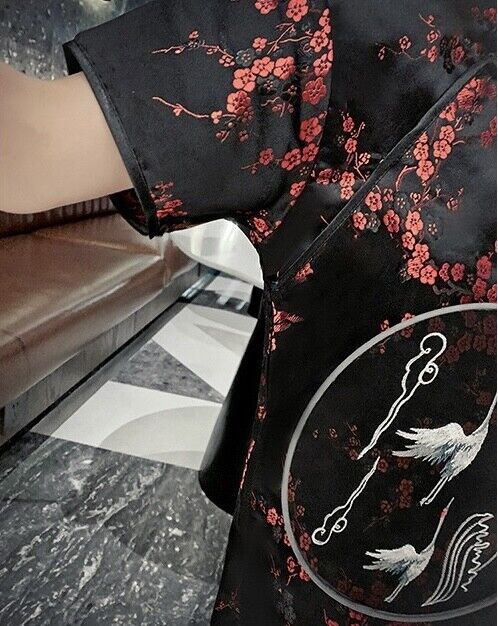 Children Girls Chinese Charming Black Cherry Blossom Satin Qipao Cheongsam Dress