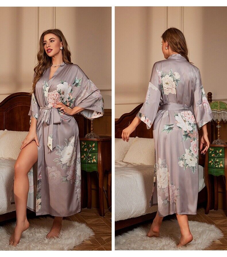 Elegant Chinese Lilac Floral Prints Long Dressing Gown Bath Robe  Fits UK 8-16