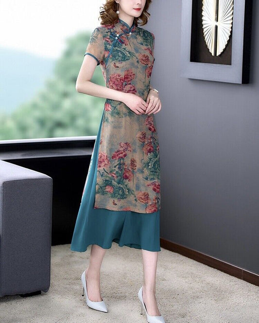 Luxurious Chinese Silk Floral Prints Green Faux 2-Piece Cheongsam Qipao Dress