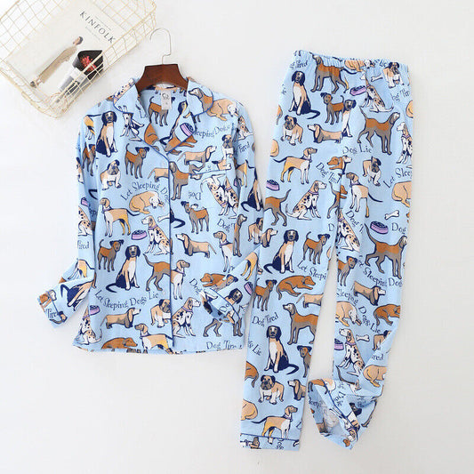 New Ladies Sky Blue Dogs Button Up Top & Trousers Pyjamas Pajamas ladpj250