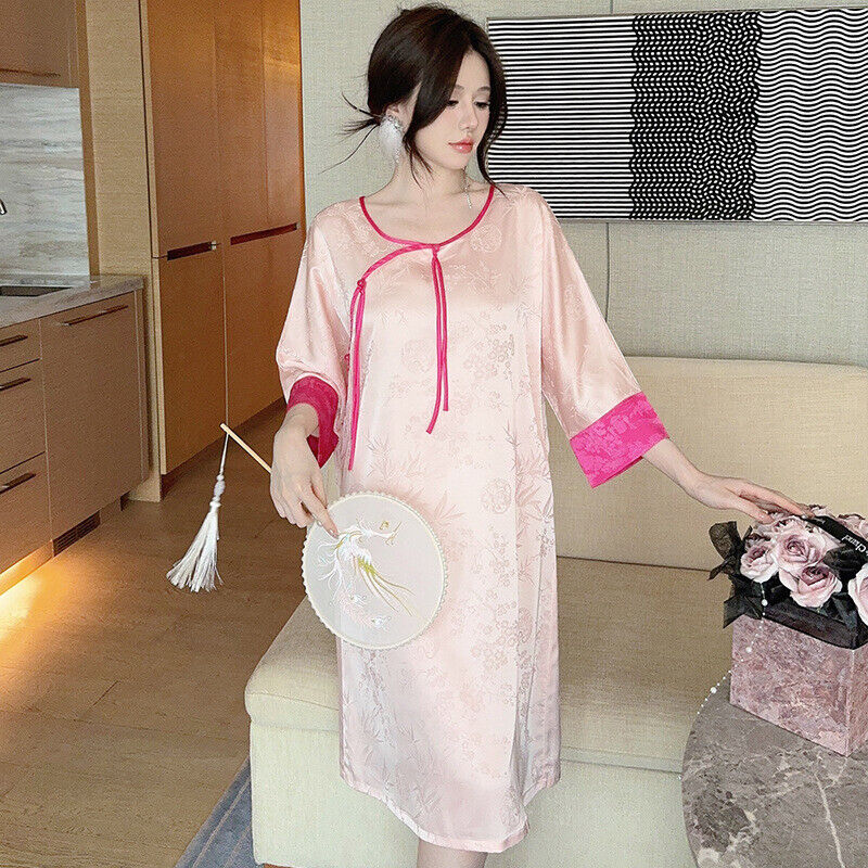 Luxurious Blossom Pink Ladies Satin Night Dress with Chinese Inspirational Touch