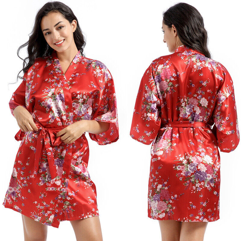 Elegant Japanese Chinese Satin Red Floral Design Ladies Kimono Style Bathrobe