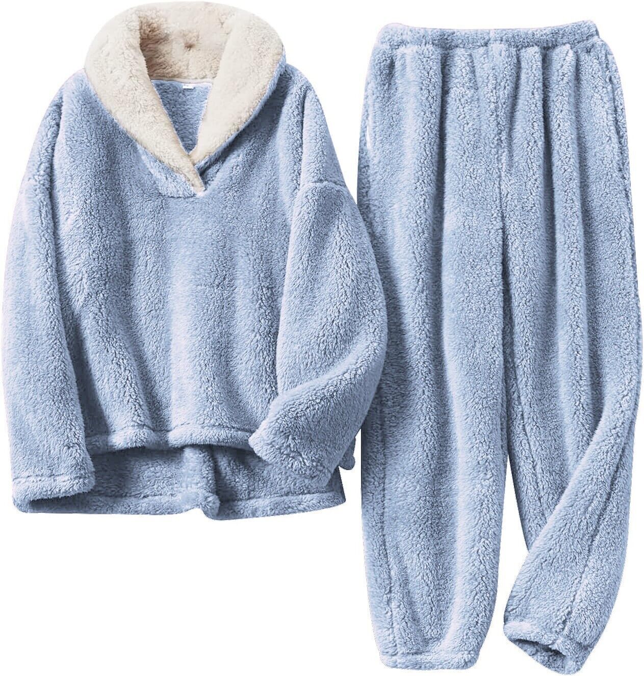 Ladies Luxurious Blue Fluffy Loungewear Pyjamas Set with Cosy Collar and Pockets