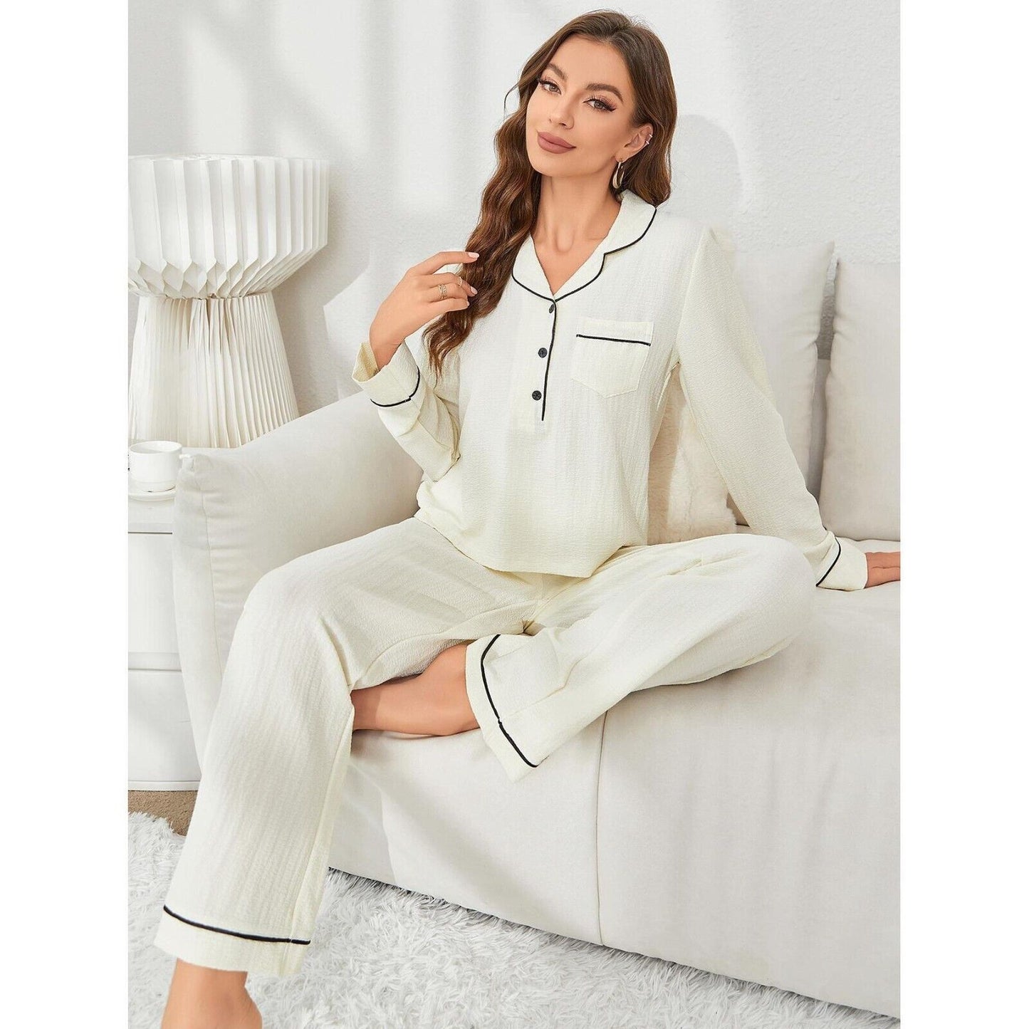 New Luxurious White Cotton Pyjama Set for Women - Comfy & Chic Sleepwear