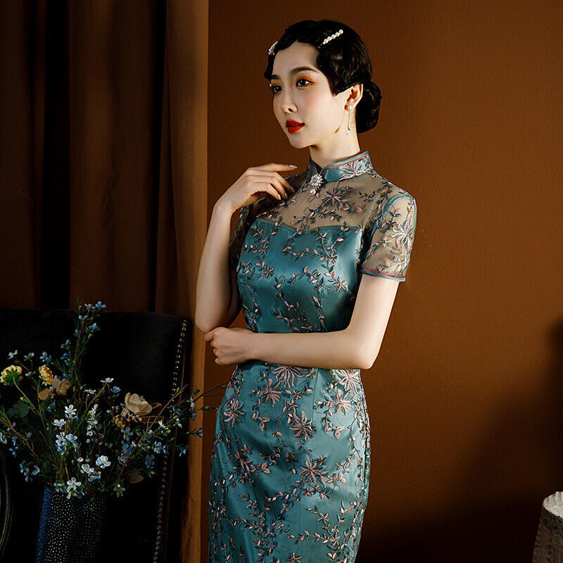 New Ladies Green Mesh Embroidered Floral Chinese Style Qipao Cheongsam Dress.