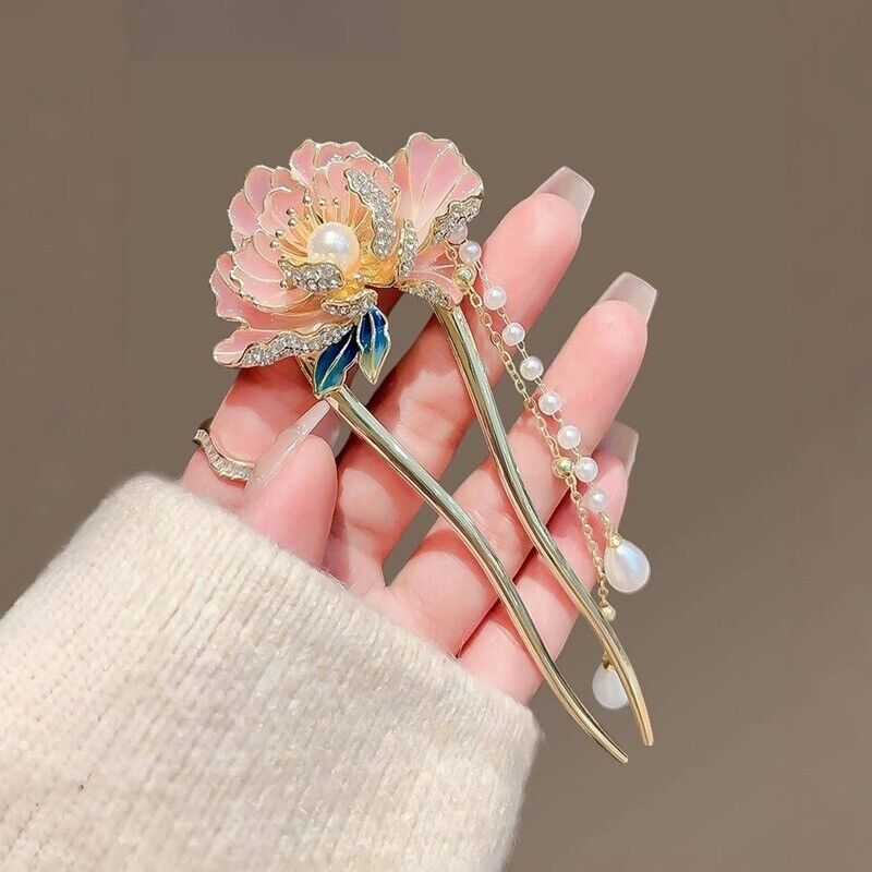 Elegant Chinese Peony Hair Pin with Pearl Tassel, Gold-Tone Floral Hairpin