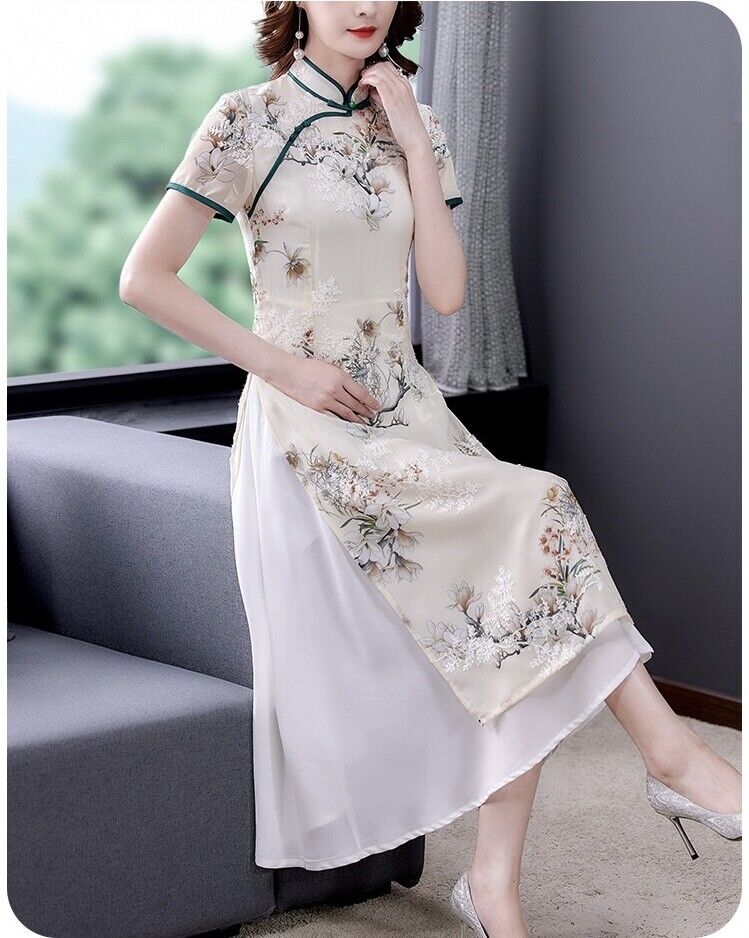 Luxurious Chinese Light Green Chiffon Floral Faux 2-Piece Cheongsam Qipao Dress