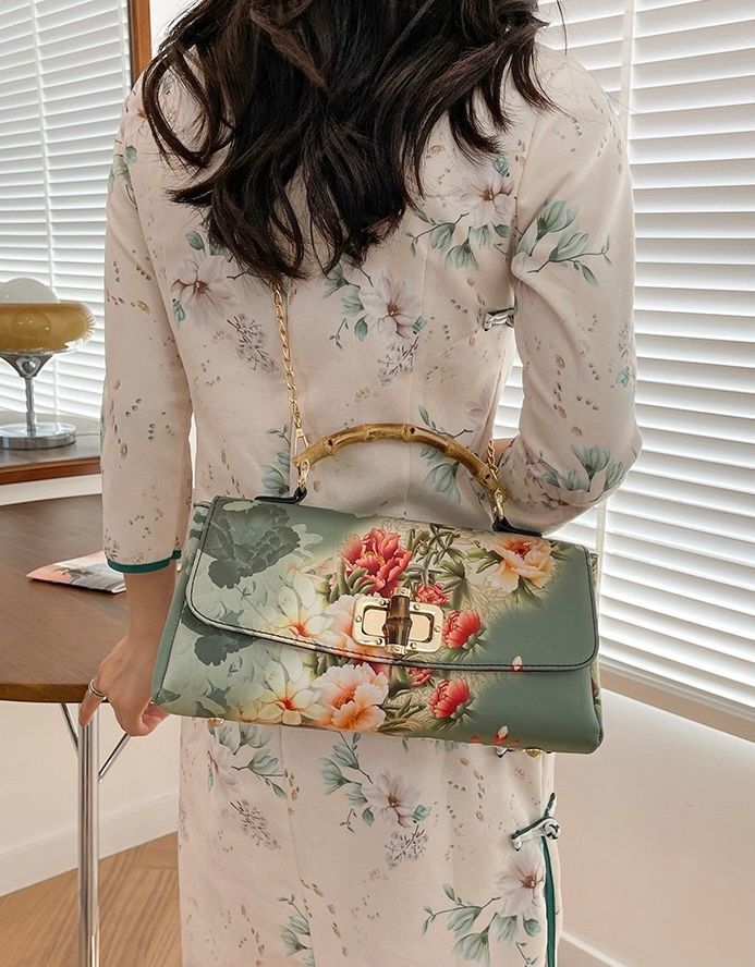 Elegant Chinese Style Green Floral Handbag - Bamboo Handle & Chain Strap