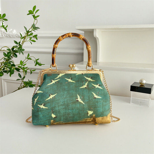 Crane Harmony: Chinese Song Dynasty Inspired Handbag with Bamboo Handle