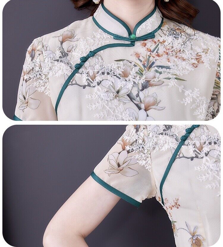 Luxurious Chinese Light Green Chiffon Floral Faux 2-Piece Cheongsam Qipao Dress