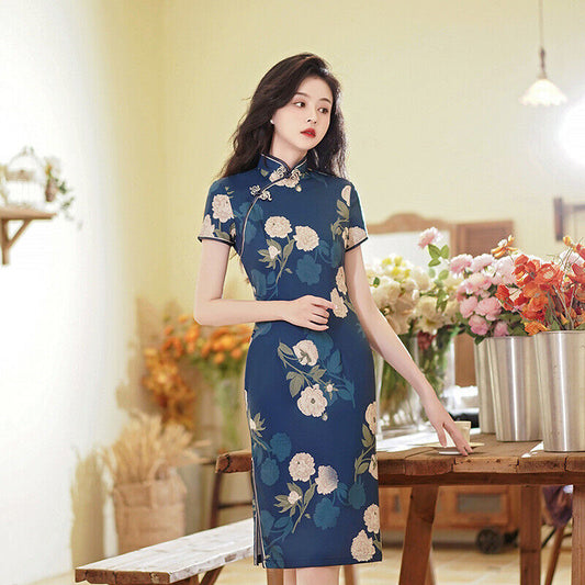 New Ladies Chinese Azure Blue & White Floral Prints Trim Dress Cheongsam Qipao