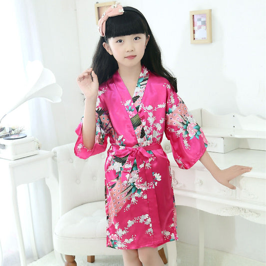 New Girls Chinese Purple Pink Peacock Prints  Satin Kimono Dressing Gown Robe