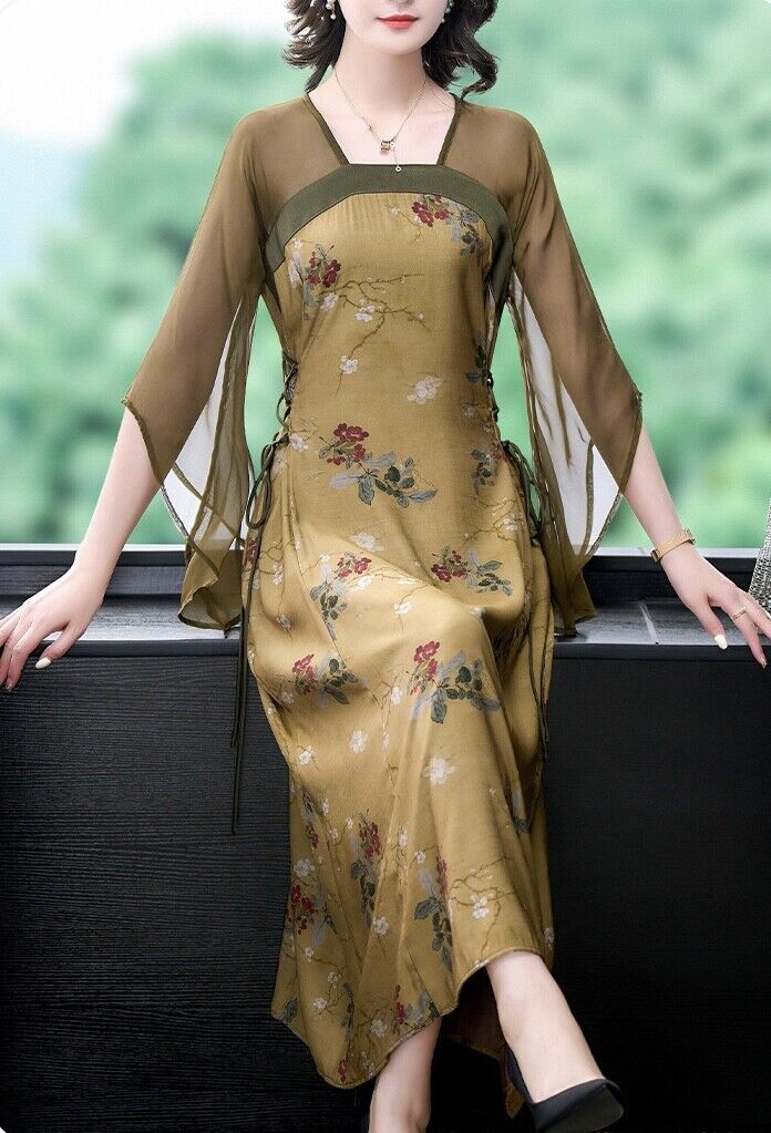 New Luxurious Chinese Oil Paint Ochre Tulle Floral Prints Cheongsam Qipao Dress