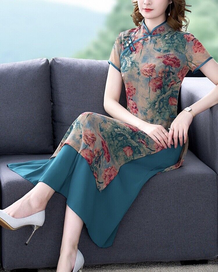 Luxurious Chinese Silk Floral Prints Green Faux 2-Piece Cheongsam Qipao Dress