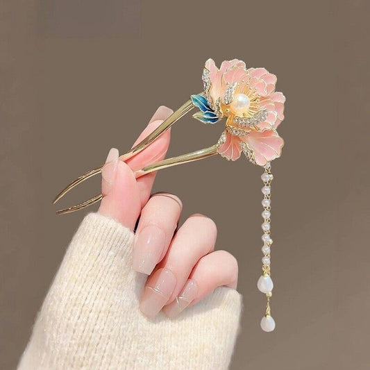 Elegant Chinese Peony Hair Pin with Pearl Tassel, Gold-Tone Floral Hairpin