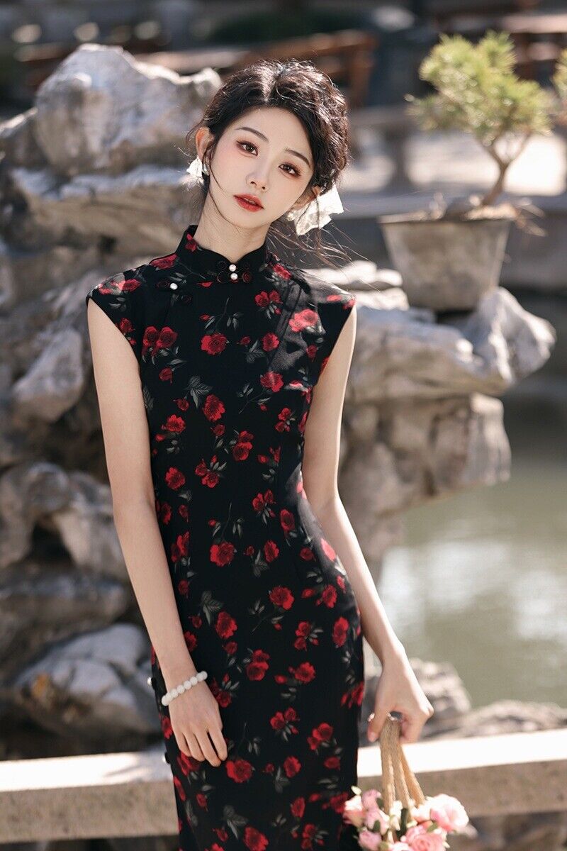 Eternal Blossom: Elegant Black Chinese Qipao Cheongsam Dress in Floral Chiffon