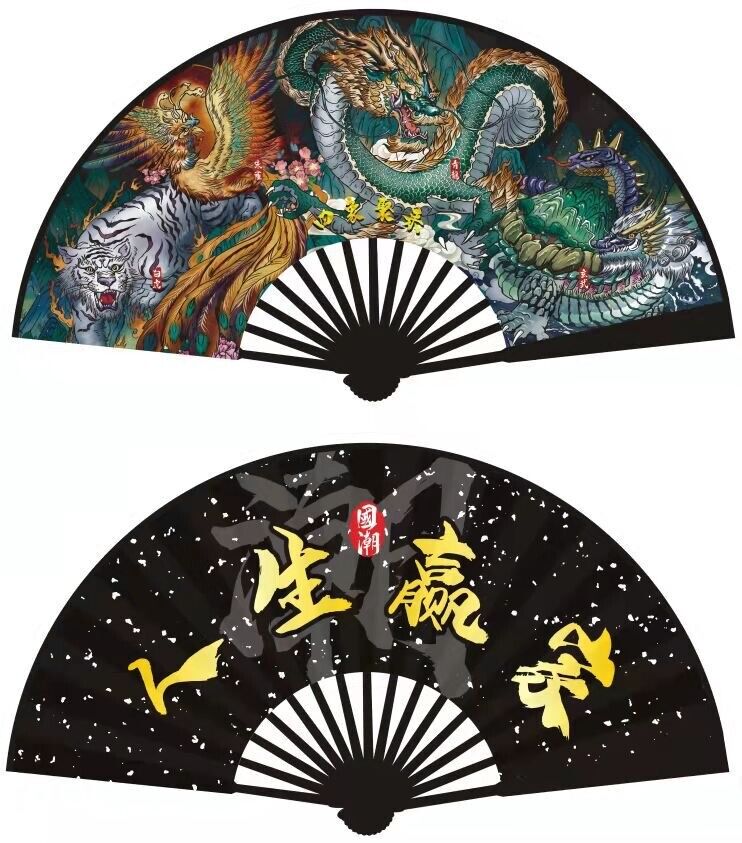 New 10" Chinese Double Sided Dragon Phenix Snake Tiger Wooden Hand Fan ccfan231