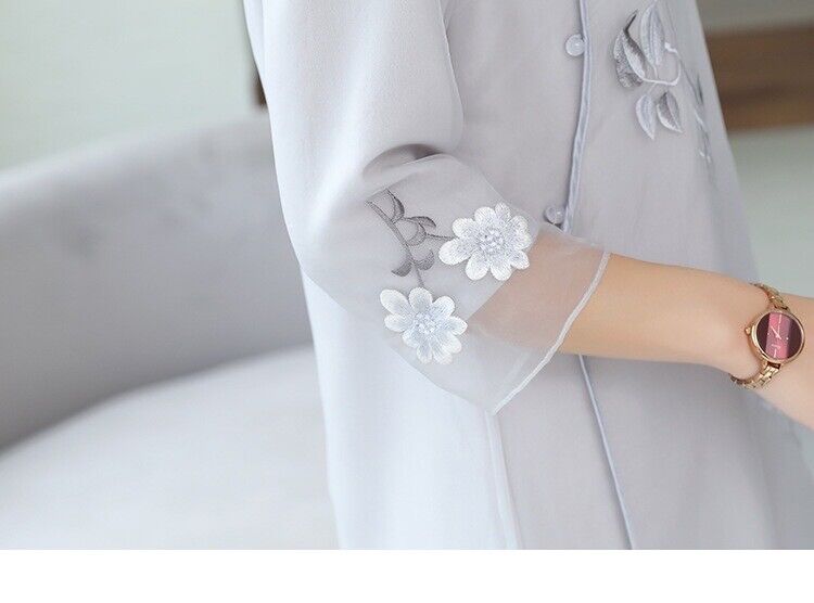 Luxurious Chinese Light Grey Chiffon Floral Embroidered Cheongsam Qipao Dress