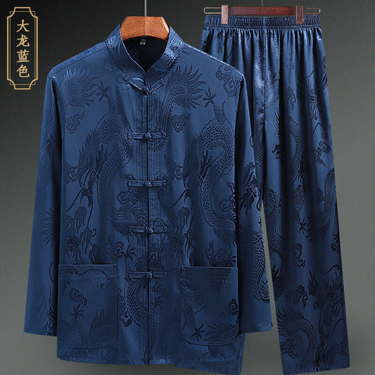 Chinese Oriental Mens Kung Fu Blue Satin Dragon Top Long Shirt Matched Trousers