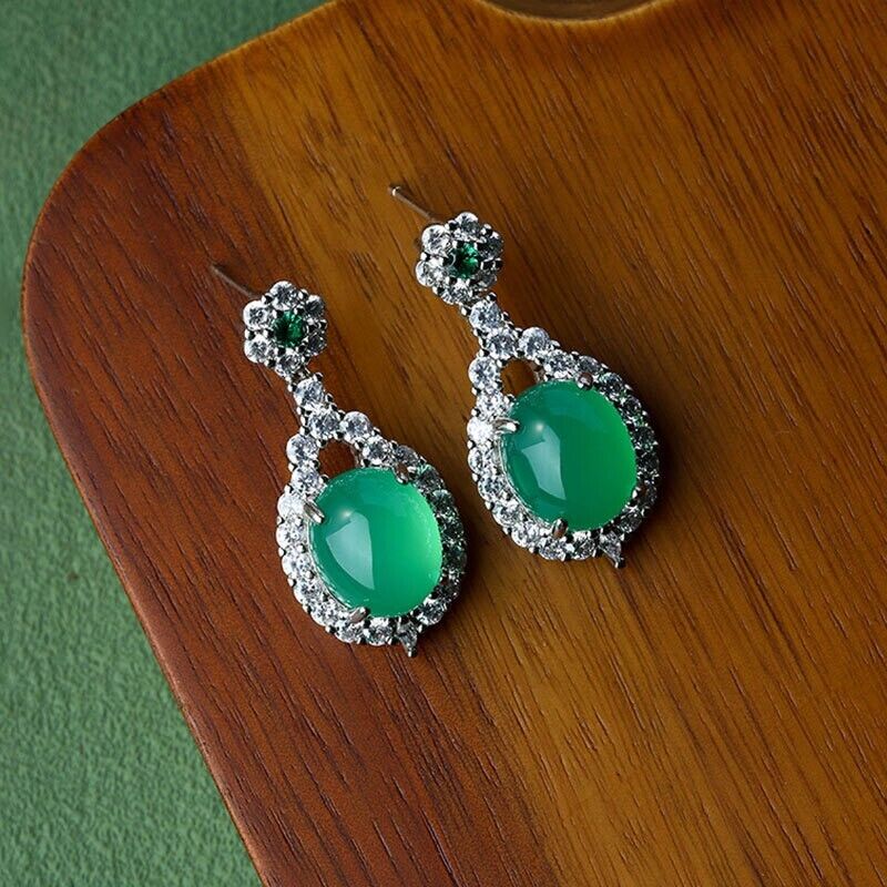 Elegant Crystal Jade Drop Earrings Luxury Green Gemstone Accents Silver Settings