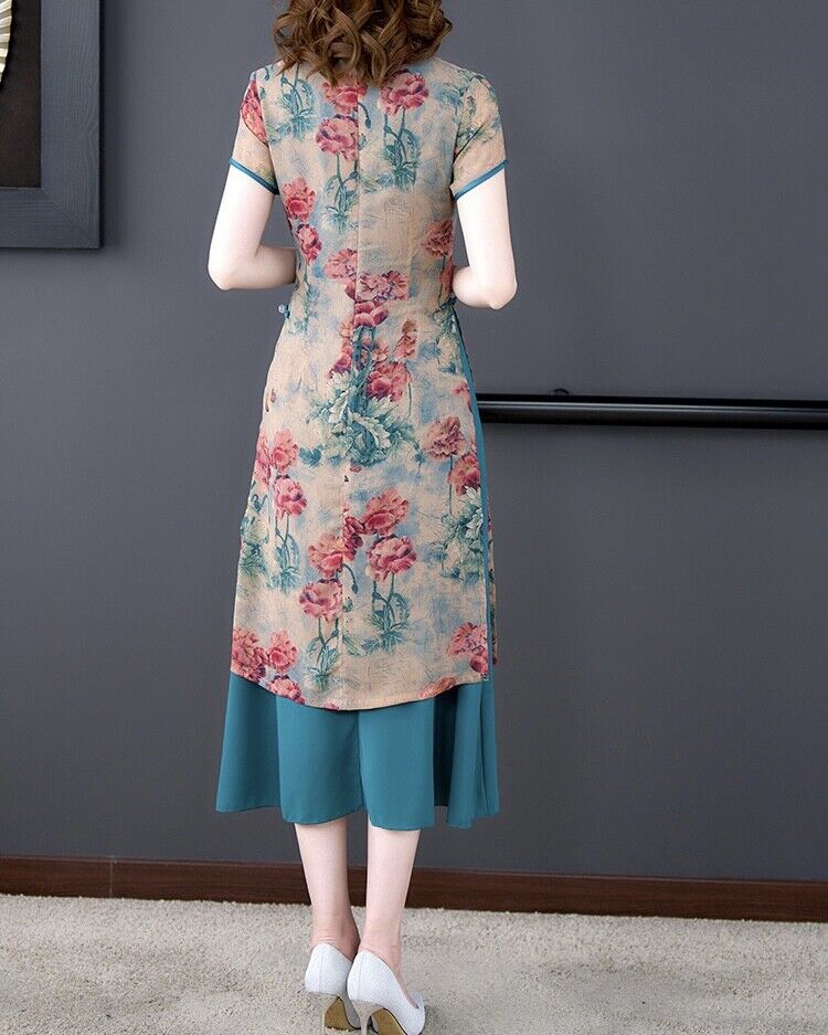 Luxurious Chinese Silk Floral Prints Green Faux 2-Piece Cheongsam Qipao Dress