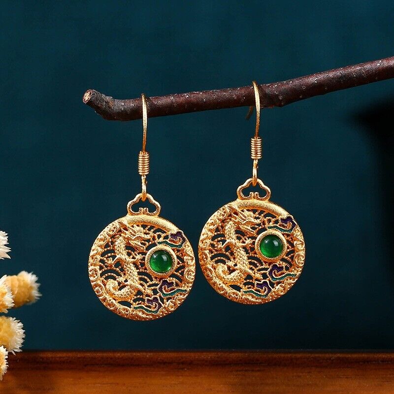 Chinese-Inspired Dragon Motif Gold-Plated Earrings with Green Gemstone Accents