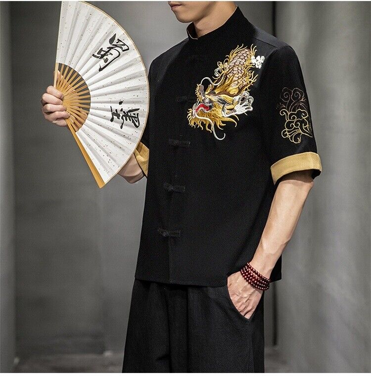 New Mens Traditional Chinese Style Shirt with Dragon Embroidery in Mystery Black