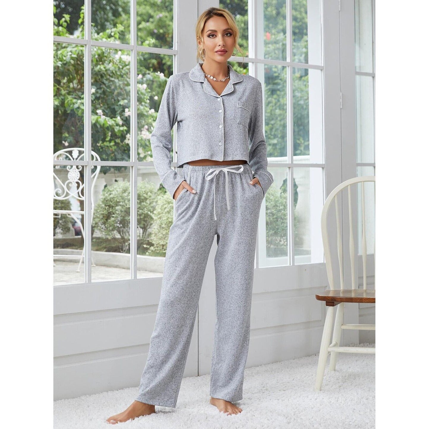 New Elegant Grey Cotton Comfy Ladies Pyjama Set with Stylish Contrast Piping