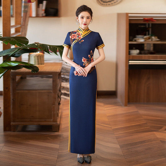 New Luxurious Satin Chinese Midnight Blue Embroidered Long Dress Cheongsam Qipao