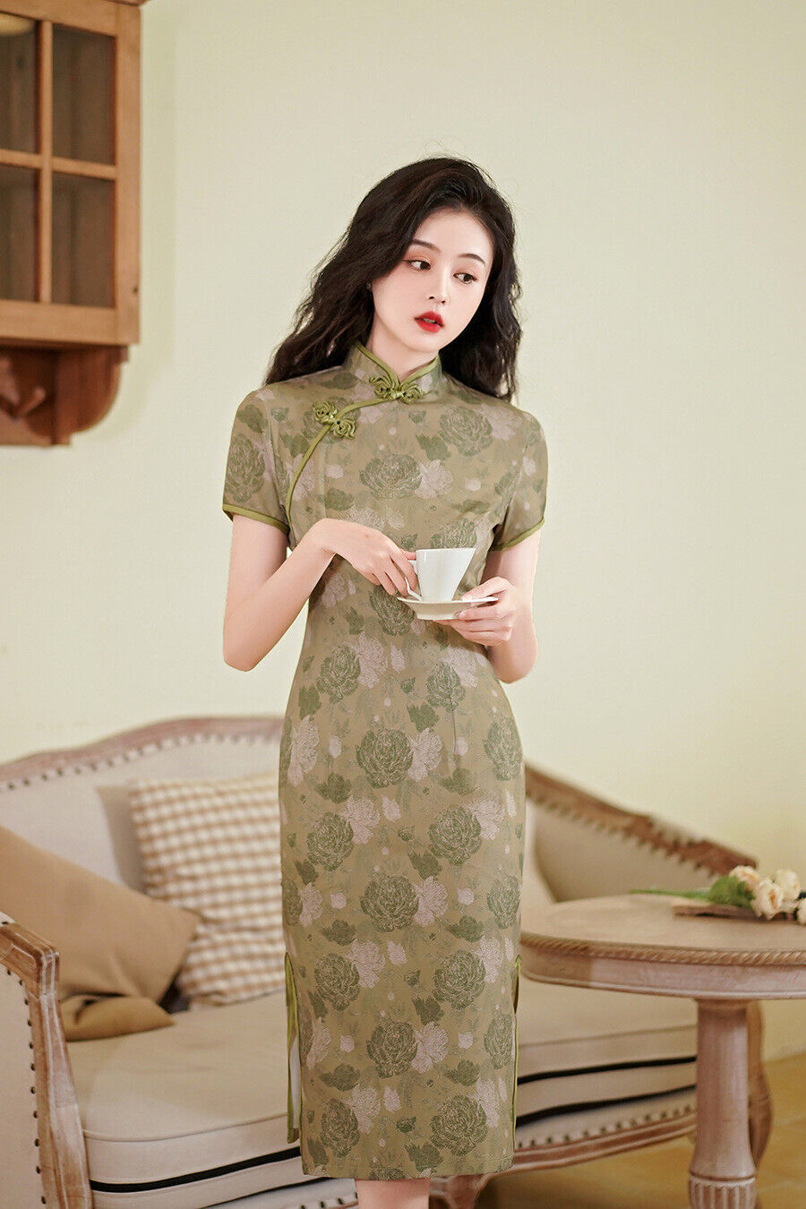 New Ladies Chinese Vintage Green and Floral Prints Trim Dress Cheongsam Qipao