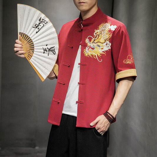 New Men's Traditional Chinese Style Shirt with Dragon Embroidery in China Red