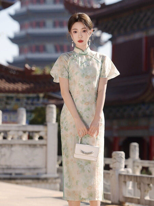 Ethereal Blossom Elegant Long Green Qipao Cheong Dress in Pastel Floral Jacquard