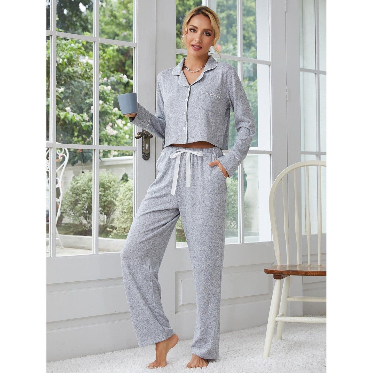 New Elegant Grey Cotton Comfy Ladies Pyjama Set with Stylish Contrast Piping