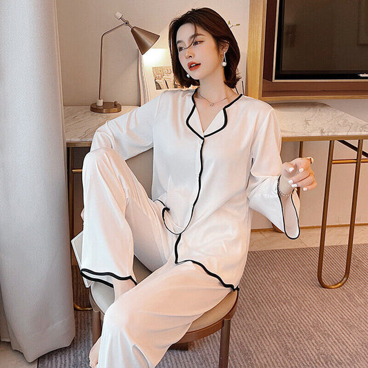 New Luxurious Ladies Satin Pearl White With Black Trim Pyjamas Set ladpj376