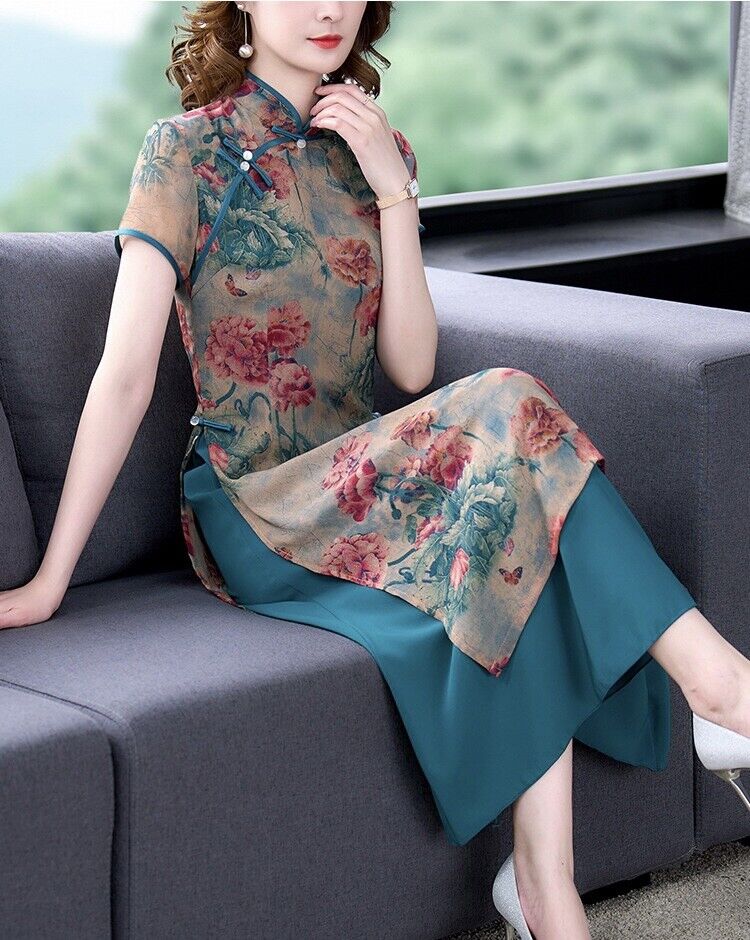 Luxurious Chinese Silk Floral Prints Green Faux 2-Piece Cheongsam Qipao Dress