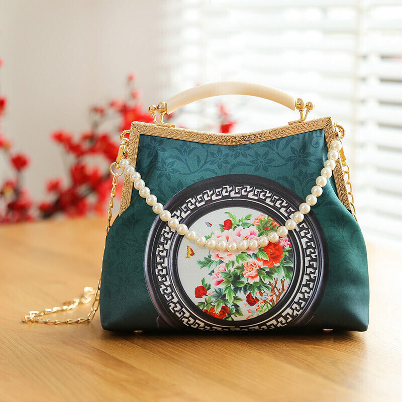 New Oriental Blossom: Elegant Chinese-Style Ladie Handbag with Floral Medallion