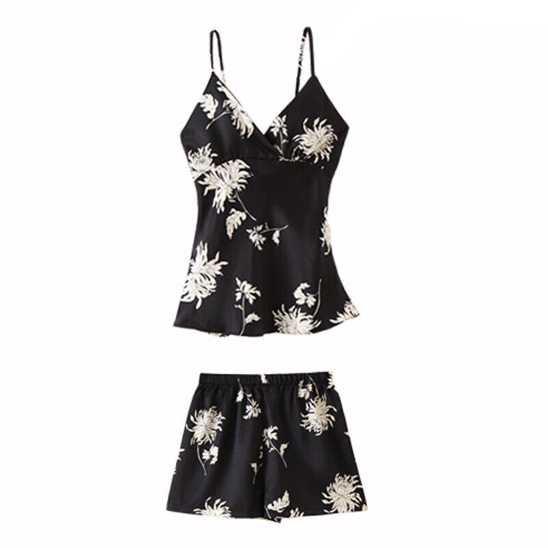 Ladies Black White Flower Prints Cami Vest Top and Shorts Pyjamas Set ladpj352