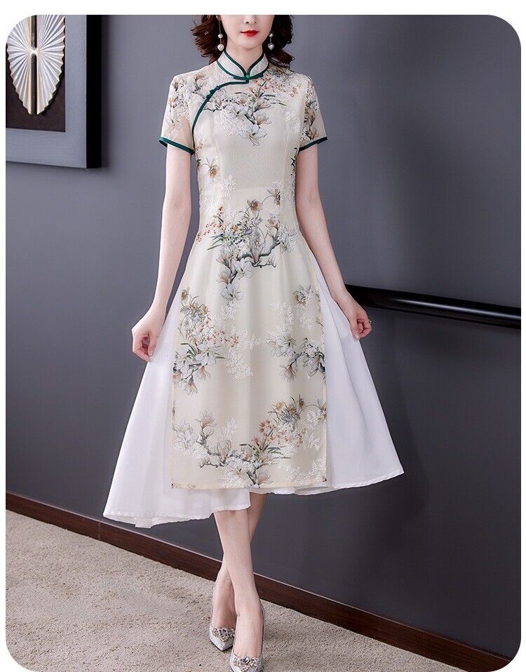 Luxurious Chinese Light Green Chiffon Floral Faux 2-Piece Cheongsam Qipao Dress