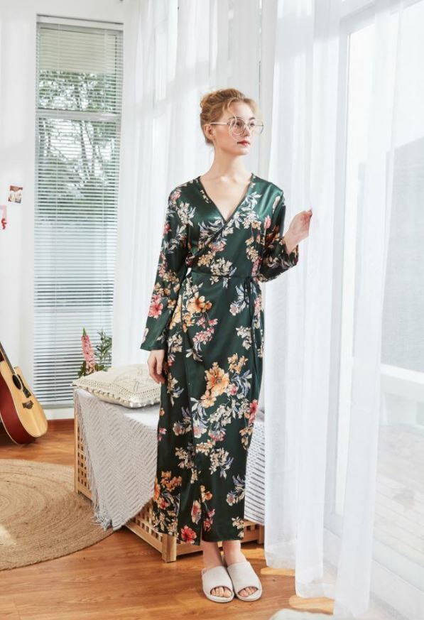 Luxurious Ladies Green Flower Prints Long Silky Dressing Gown Bath Robe ladpj246