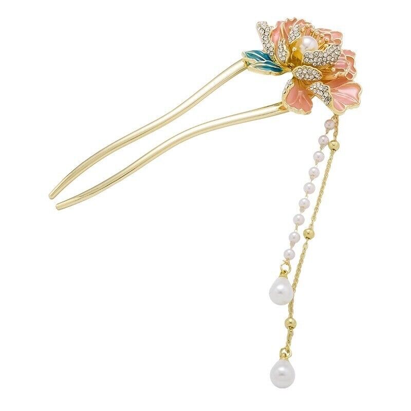 Elegant Chinese Peony Hair Pin with Pearl Tassel, Gold-Tone Floral Hairpin