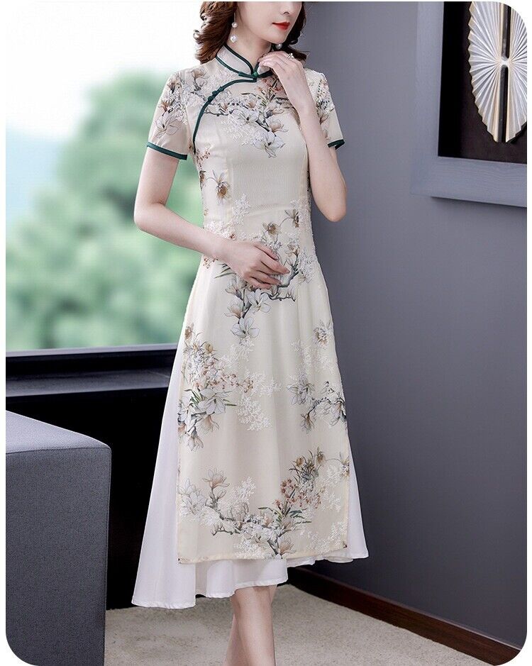 Luxurious Chinese Light Green Chiffon Floral Faux 2-Piece Cheongsam Qipao Dress